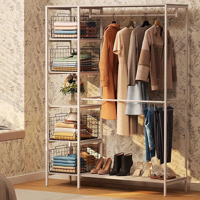 5-Tier Stackable Closet Organizer Shelf – Foldable Metal Storage Bins for Clothes, Sweaters & Towels | Stylish Black Wire Baskets for Bedroom, Wardrobe, Dorm or Entryway