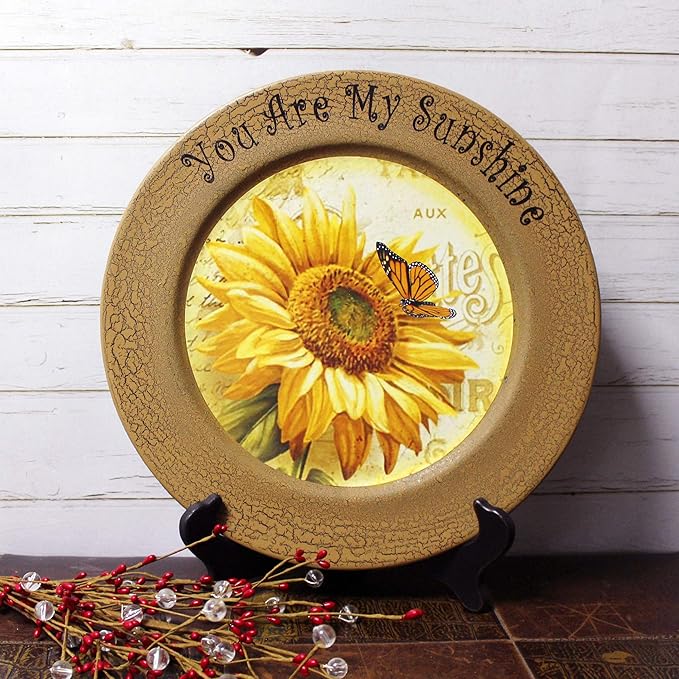 CVHOMEDECO. Sunflower Decorative Plate Primitives Round Crackled Display Wooden Plate Home Décor Art, 13-1/4 Inch