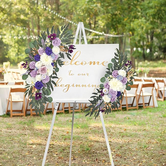 Ting's time Wedding Arch Flowers Pack of 2 Artificial Silk Large Flower Swag Purple Welcome Sign Floral Swag Reception Backdrop Floral Decor for Wedding Party Ceremony (Lilac & White)