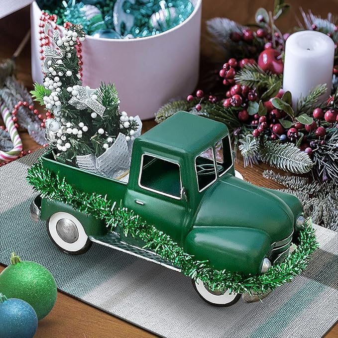Farmhouse Green Truck Decor, Metal Pickup Trucks Planter, Vintage Old Truck Desktop Storage Car Model for Home Indoor and Outdoor Table Center Decor
