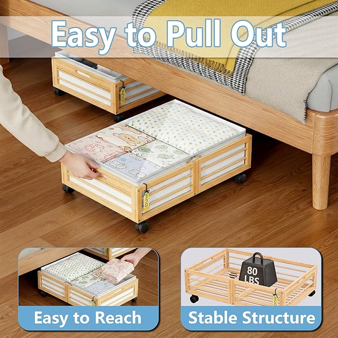 Under Bed Storage Containers with Wheels, Larger Bamboo Wood Under Furniture Storage Containers with Dust Bags，Rolling for Shoes Clothes