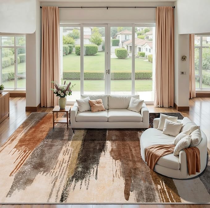 Ciicool Modern Abstract Rug for Living Room, 10'x14' Machine Washable Area Rug Non-Slip Rug, Low-Pile Contemporary Indoor Dining Floor Carpet for Bedroom Office Under Table Home Decor Brown Black