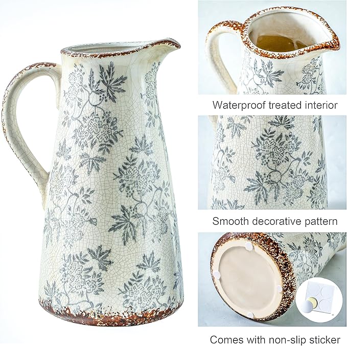 Enra Blue and White vase with Handle,12.2 inch Ceramic Vintage Decorative Flower Pitcher vase, Large Rustic Vases for Home Decors, Living Room, Bookshelf, Office