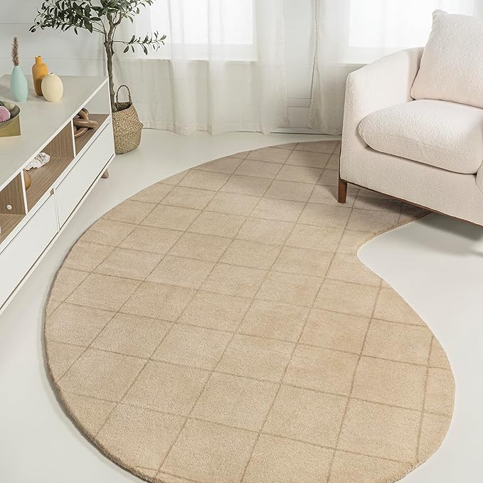 JONATHAN Y Bean Grid Handwoven Wool Beige/Light Brown Shaped Indoor Area Rug, 5x8, Modern, Plaid, Easy-Cleaning for Living Room, Bedroom, Kitchen, Pet Friendly, Non-Shedding (GST104A-5)