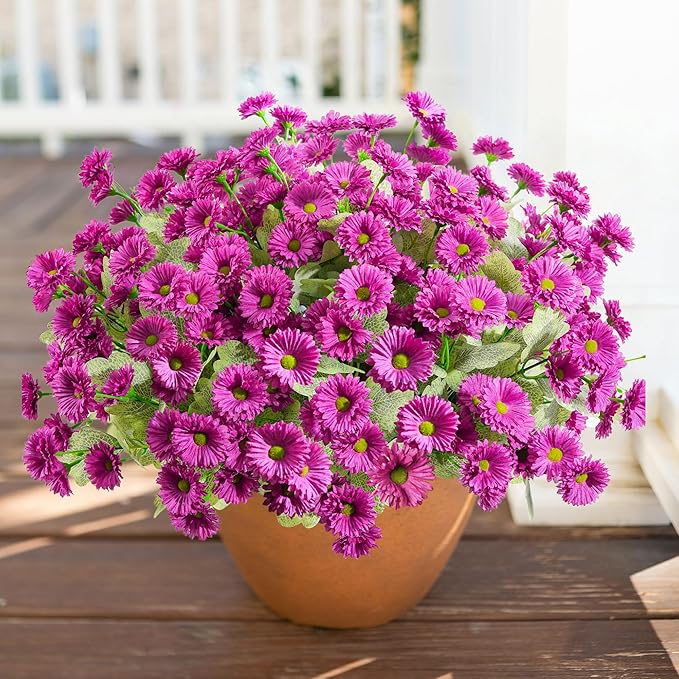 HyeFlora Artificial Flowers for Outdoors Spring Summer Outside Decor, 6 Bundles Fake Daisy Realistic Silk Flowers UV Resistant Outdoor Faux Plants for Planter Front Door Porch Balcony Yard, Fuchsia