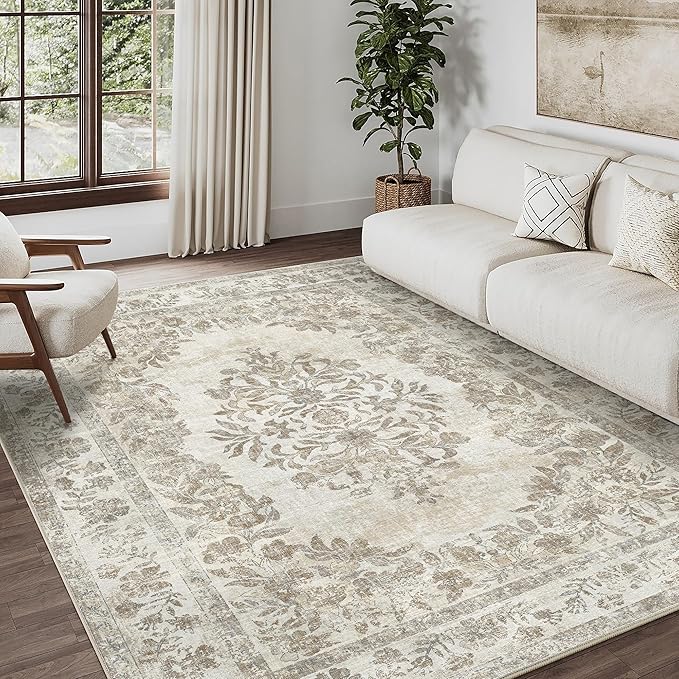 6x9 Area Rug Beige Washable Vintage Distressed Living Room Carpet Large Bedroom Indoor Medallion Floral Non Slip Retro Throw Floor Mat for Office Dining Room Kitchen Bathroom
