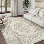 5x7 Area Rug Beige Washable Vintage Distressed Living Room Carpet Large Bedroom Indoor Medallion Floral Non Slip Retro Throw Floor Mat for Office Dining Room Kitchen Bathroom