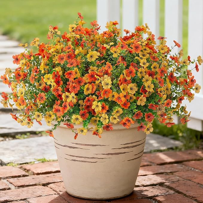 Artificial Fake Flowers Plants for Outdoor Spring Decor, 12 Bundles Faux Silk Flowers for Outdoor Outside Planter Colorful Daisy UV Resistant Look Real for Front Door Porch Patio Yard(Yellow Orange)