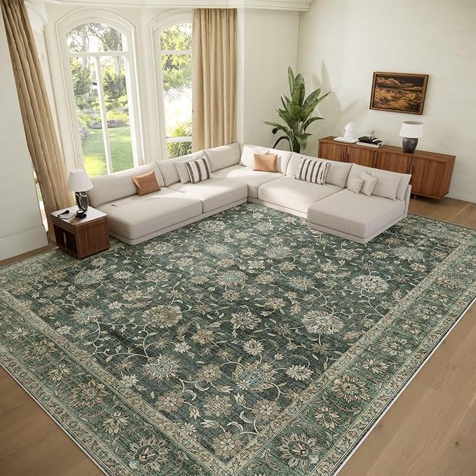 Washable 10x14 Area Rugs for Living Room, Boho Non-Slip Vintage Distress Large Rugs for Bedroom Dining Room Office, 0.3" Neutral Oriental Throw Thin Carpet, Sage Green/Blue/Multi