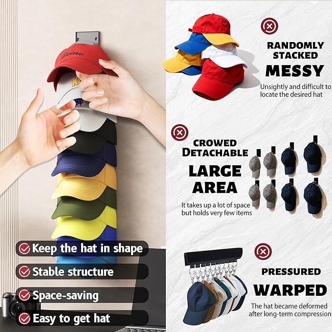 Hat Organizer Hold up to 10 Hats, Hat Rack for Wall with Strong Adhesive, Hat Organizer for Baseball Caps Display for Door Closet, Hat Hanger Holder Storage Multilayer Two Mounting Option(Black)