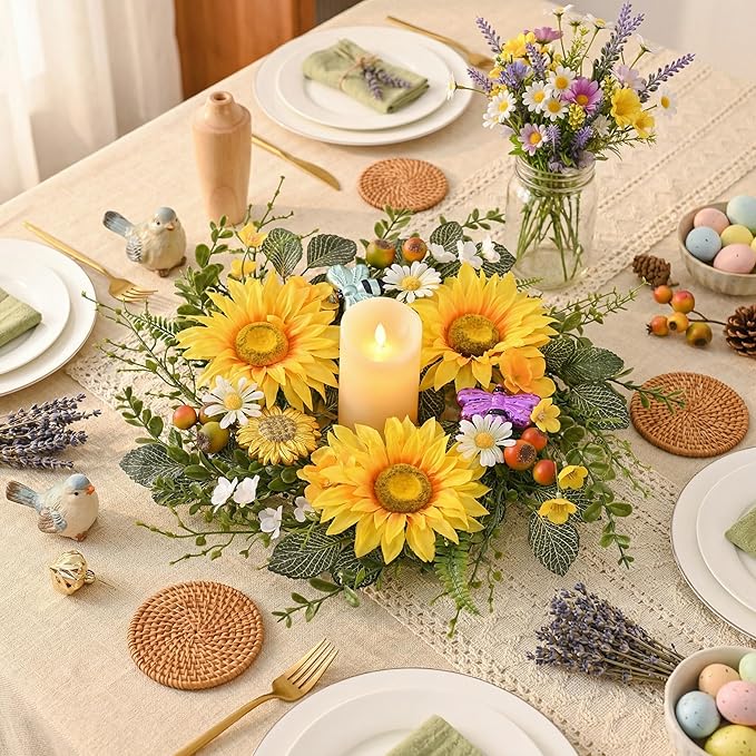 DecorbyHannah Spring Sunflower Summer Wreaths for Front Door Outside All Season, 18 Inch Artificial Flower Door Wreaths with Daisy and Bee, Sunflower Decor for Home Porch, Wedding Housewarming Gifts