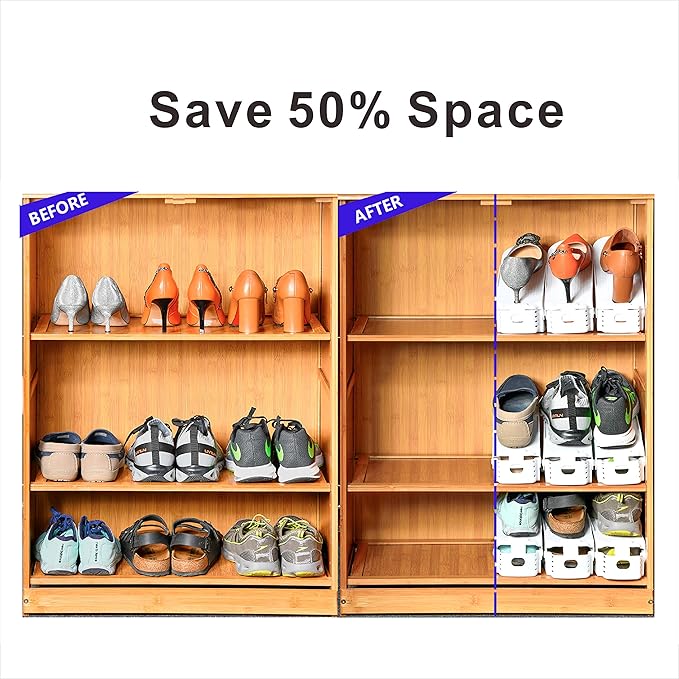 Shoe Slots Organizer, 12PCS Adjustable Double Layer Stack Shoe Rack, 50% Space-Saving Storage Rack Holder, White