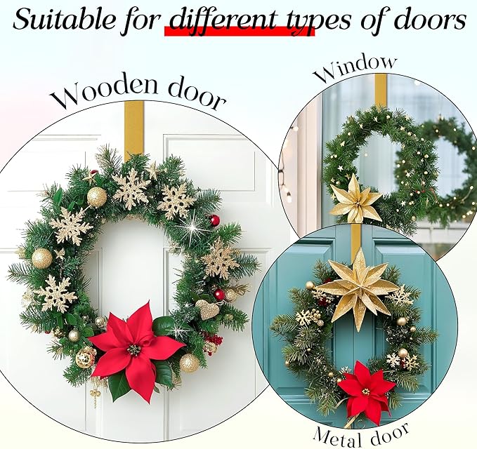 MCFULL 12 in Wreath Hangers for Front Door,Sturdy Metal Wreath Doors Hangers,Over The Door Hooks for Front Porch Decor,Gold Garland Hooks Holders for Halloween Christmas Decorations,2 Packs