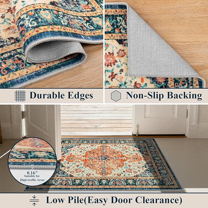 U'Artlines 2x3 Washable Boho Area Rug, Small Non Slip Vintage Doormat for Indoor Front Door Ultra Thin Mat Carpet for Entryway Kitchen Bathroom Bedroom Orange/Multi