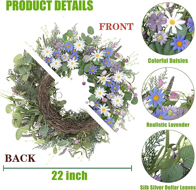 Sggvecsy Spring Wreaths for Front Door 22 Inch Artificial Blue Purple Daisy Wreath Floral Summer Wreaths with Lavender Wild Flower Greenery Leaves for Farmhouse Home Wall Indoor Outdoor Window Decor