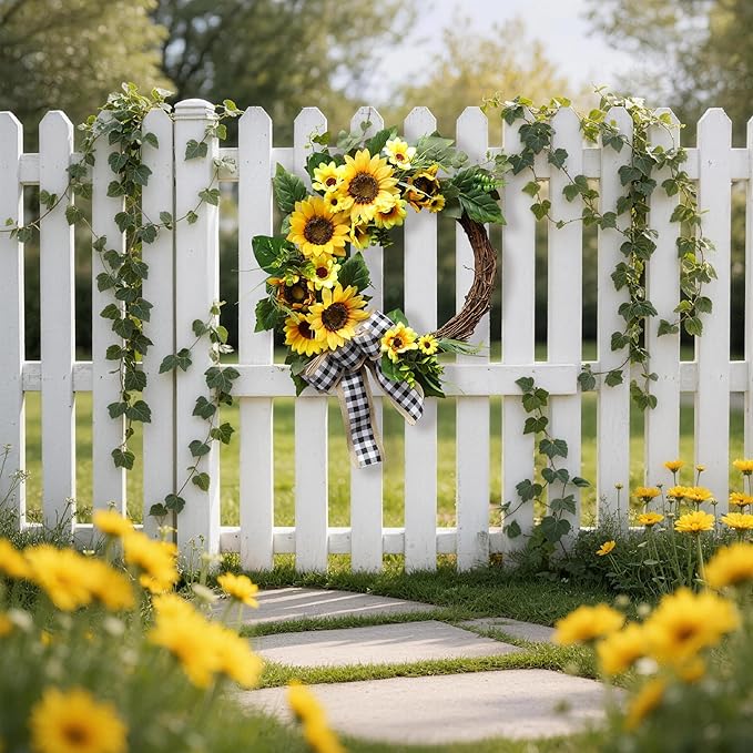 20 Inch Sunflower Spring Summer Wreath for Front Door, Artificial Sunflower Wreath with Green Leaves, Modern Farmhouse Wall Wedding Home Indoor Outdoor Decor