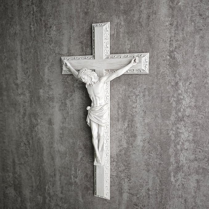 BC Catholic Crucifix Wall Cross, 12" H Jesus Christ Wall Decor for Elegant Modern Home, Devout Gift for Easter, Religious Gifts Home Decor, Grey White Stone Finish, Hand Painted by Buildclassic