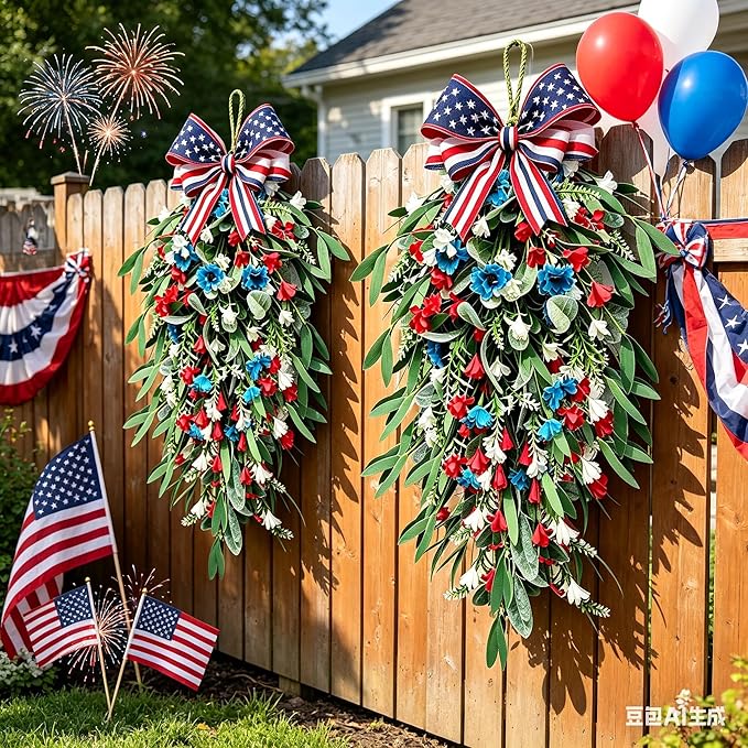 2 Pack 21'' 4th of July Swag Wreaths for Cabinets Independence Day Floral Teardrop Wreath with Artificial Flower and Eucalyptus Leaves Wreath Hanger for Farmhouse Front Door Porch Window Wall