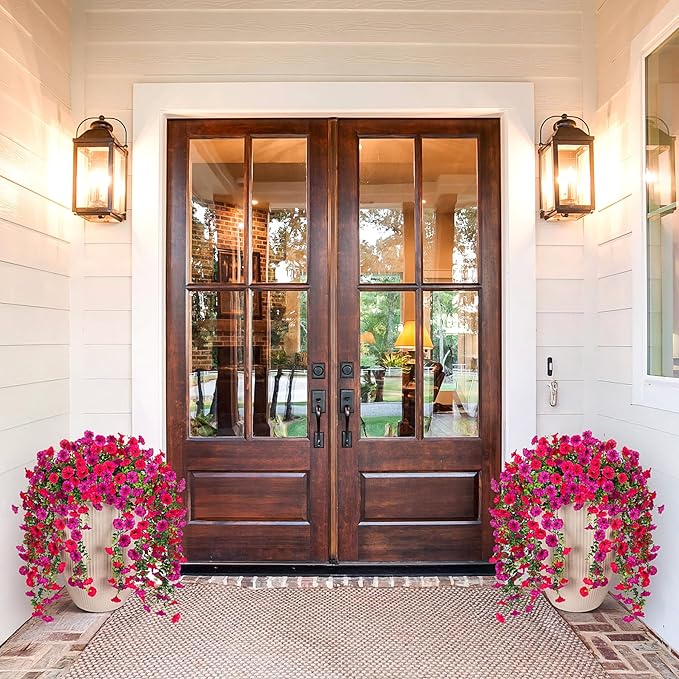 Artificial Hanging Petunias Flowers for Outdoor, 2pcs Fake Plants Long Vine Morning Glory Eucalyptus, UV Resistant Realistic Faux Greenery Outside Patio Porch Garden Spring Decor, Purple Hot Pink