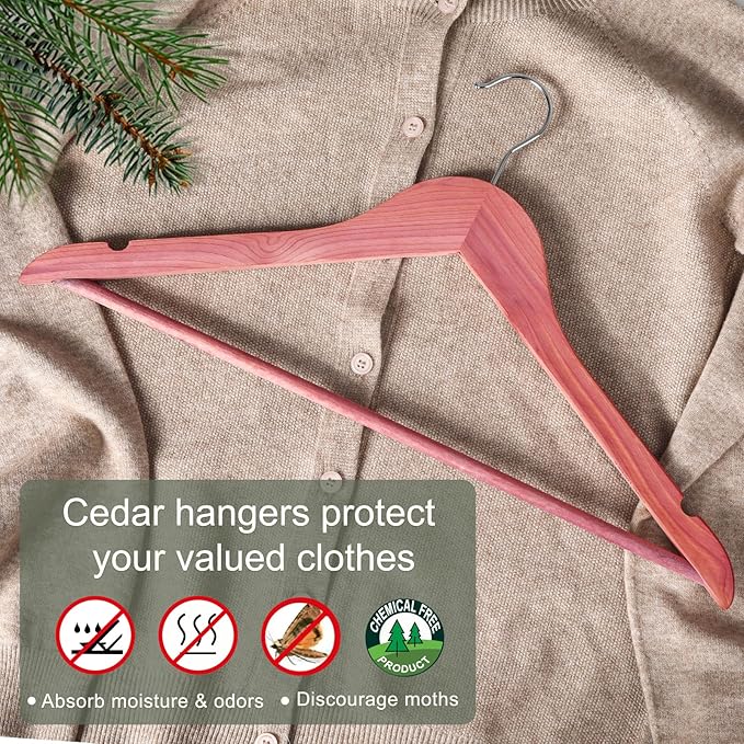 TOPIA HANGER American Red Cedar Wooden Hangers 18 Pack, Clothes Hangers for Closet, Wood Suit Hangers with Smooth Cut Notches, 360°Flexible Hook, Non-Slip Pants Bar(Natural)- CT22C