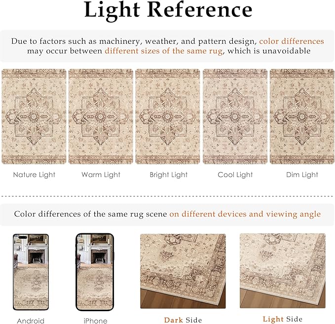 Brown 8x10 Area Rug Washable Vintage Living Room Carpet Non Slip Retro Distressed Low Pile Soft Oriental Medallion Thin Large Throw Rug for Office Bedroom Dining Room Playroom