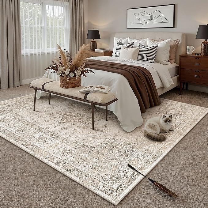 Taupe 6x9 Area Rug Washable Vintage Living Room Carpet Non Slip Retro Distressed Low Pile Soft Oriental Medallion Thin Large Throw Rug for Office Bedroom Dining Room Playroom