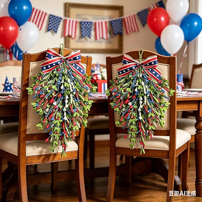 2 Pack 21'' Patriotic Teardrop Swag Wreaths for Cabinets Artificial 4th of July Swag Wreath with Red White Blue Floral and Berries for Independence Day Memorial Day Front Door Porch Window Wall Decor