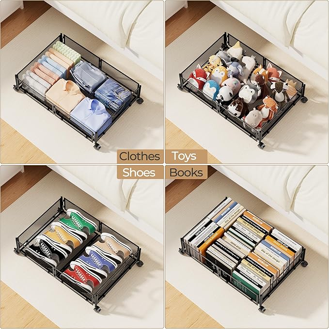 Yecaye Under Bed Storage with Wheels, 4 Pack Under Bed Shoe Storage Organizer Drawer, Tool-free Assembly Metal Underbed Storage Containers for Clothes, Shoes, Black
