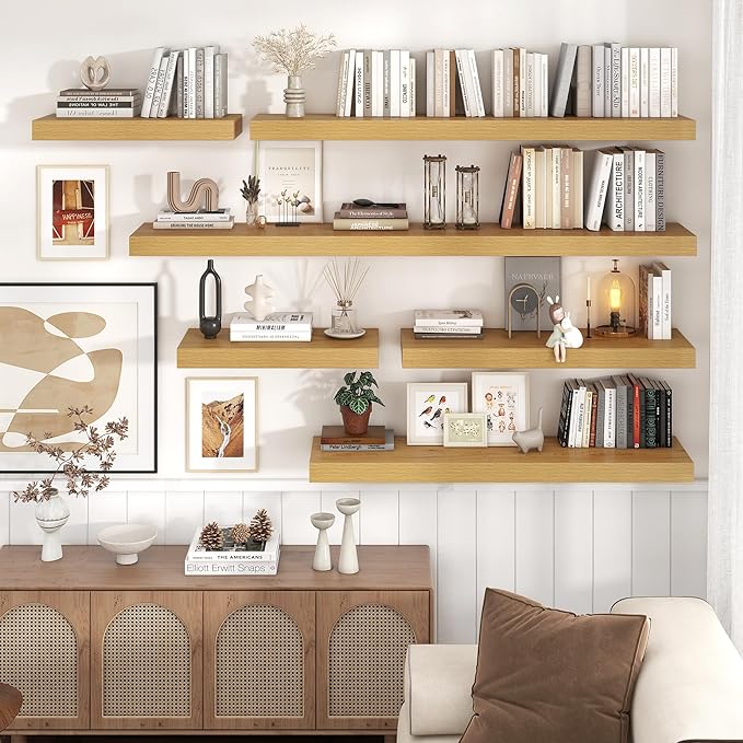 Venusmiles Floating Shelves for Wall, 55 Inch Wide x 12 Inch Deep Floating Shelves, Long Wood Floating Wall Shelf Shelves for Living Room Bathroom Bedroom Kitchen Home - (Oak, 55" W x 12" D x 2" H)