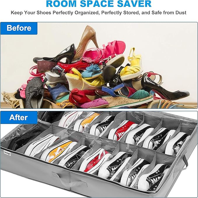 INAYA Under Bed Shoe Storage Organizer Set of 2, Fits 32 Pairs, Underbed Shoe Box Storage Containers Adjustable Dividers w/Bottom Support, Clear Foldable Shoes Storage w/Reinforced Handles