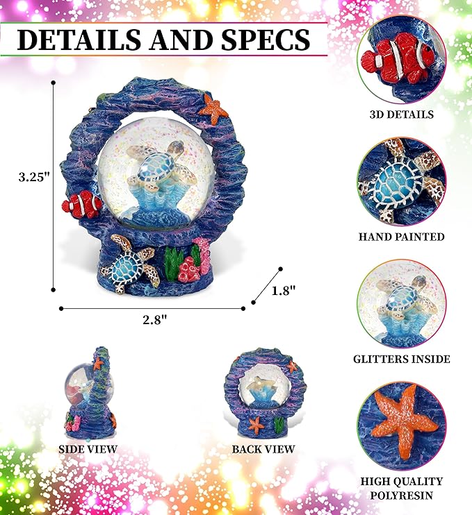 CoTa Global Sea Turtle Coral Snow Globe Decor - Elegant Pink Sparkle Glitter Inside The Snow Globe Figure, Animal Figurines for Kids and Adults, Collectible Snow Globes for Birthday, Christmas - 45 mm