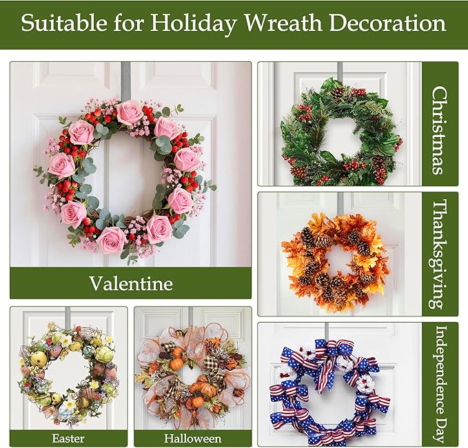2 Pack Wreath Hangers for Front Door,14 Inch Wreath Hanger Hook for Front Porch Decor,Metal Over The Door Hooks Hanger for Halloween Fall Christmas Decorations Outdoor Indoor Home Decor,Silver
