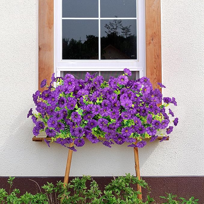 Artificial Flowers for Outdoor Decoration, 12 Bundles Fake Plastic Flower Plant, Faux Colorful Silk Morning Glory Eucalyptus for Outside Spring Summer Garden Porch Front Door Decor, Dark Purple