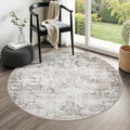 Round Area Rug for Living Room: 5 ft Washable Modern Abstract Soft Thin Rug Indoor Floor No Slip Stain Resistant Carpet for Bedroom Dining Room Farmhouse Nursery Home Office - Brown Grey