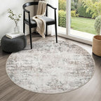 Round Area Rug for Living Room: 5 ft Washable Modern Abstract Soft Thin Rug Indoor Floor No Slip Stain Resistant Carpet for Bedroom Dining Room Farmhouse Nursery Home Office - Brown Grey