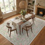 GarveeHome Pink and Green Vintage Floral Washable Rugs 8x10 for Living Room Boho Retro Botanical Rug Low Pile Stain Resistance Non Slip Carpet for Bedroom Nursery Dining Room
