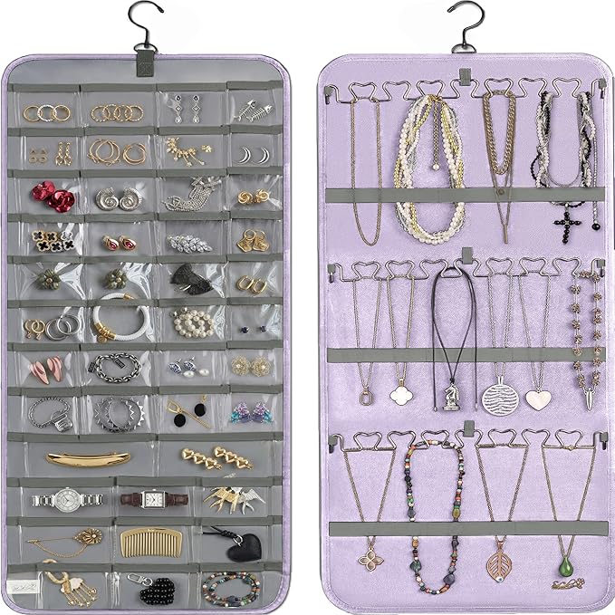 Hanging Jewelry Organizer Storage with Hanger Metal Hooks Double-Sided Jewelry Holder- Wall Mount Holder for Earrings, Necklaces, Rings on Closet, Wall, Door, 1 piece, Large, Pink