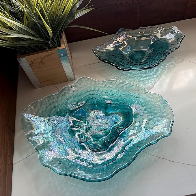 Things2Die4 Decorative Plates Set of 2 Oyster Shaped Blue Glass Plates with Iridescent Finish for Coastal Tabletop Decor in Dining Room Entryway or Living Room, 13 X 10 X 2 Inches