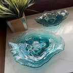 Things2Die4 Decorative Plates Set of 2 Oyster Shaped Blue Glass Plates with Iridescent Finish for Coastal Tabletop Decor in Dining Room Entryway or Living Room, 13 X 10 X 2 Inches