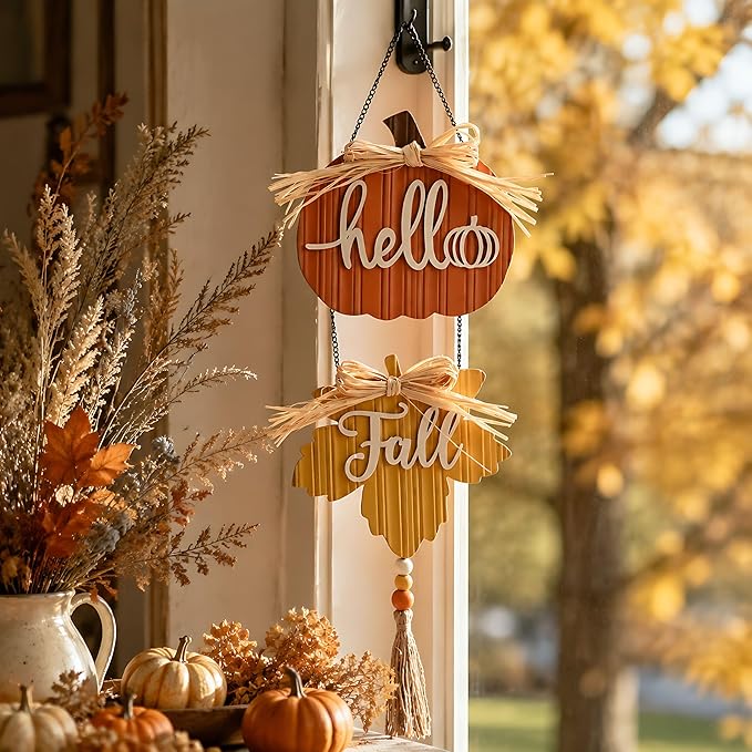 Valery Madelyn Fall Decorations for Home, Fall Wall Decor with Pumpkin and Maple Leaf, Rustic Farmhouse Fall Wreaths, Wooden Pumpkin Decor for Thanksgiving Autumn, 21 inch