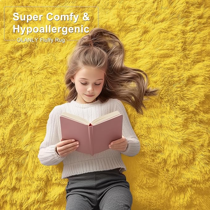 OLANLY 2x5 Machine Washable Runner Rugs for Hallway, Soft Fluffy Shaggy Bedside Rugs for Bedroom, Living Room, Indoor Floor Carpet for Kids Girls and Boys, Nursery Rooms, Home Decor Aesthetic, Yellow
