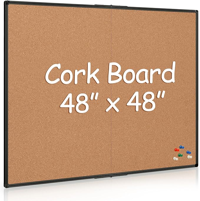 Extra Large Cork Bulletin Board 48" X 48", Foldable Notice Pin Board for Wall, Black Aluminum Framed 4'x4' Corkboard, Wall Mounted Noticeboard with 36 Push Pins for School, Home & Office