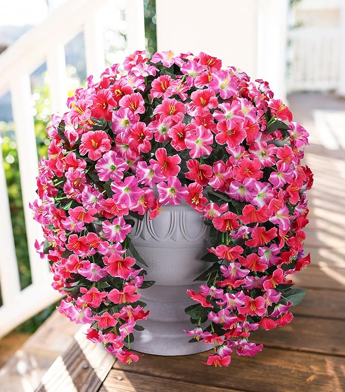 HyeFlora Artificial Flowers for Outdoors, 2pcs Faux Hanging Morning Glory Silk Fake Flowers Lifelike Artificial Plants UV Resistant Flowers for Outside Planter Patio Garden Porch Decor (Rose red)
