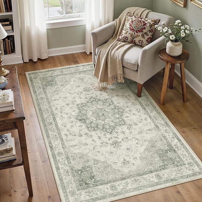 Green Area Rug 3x5 Washable Vintage Carpet Entryway Office Soft Retro Kitchen Low Pile Thin Door Mat Non Slip Oriental Medallion Throw Small Rug for Bathroom Bedroom Dining Living Room