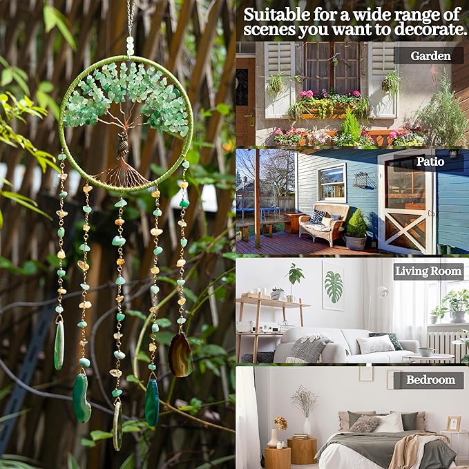 Green Tree of Life Dream Catchers with Agate Pendant Natural Dream Catchers for Aunt Wall Decor Handmade Dreamcatcher Wall Hanging Ornament for Bedroom Living Room Home Decor