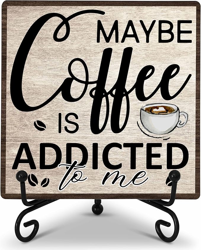 Coffee Bar Decor Sign, Coffee Is Addicted, Funny Farmhouse Home Wooden Plaque with Iron Stand, Cafe Station Decor for Coner-A14