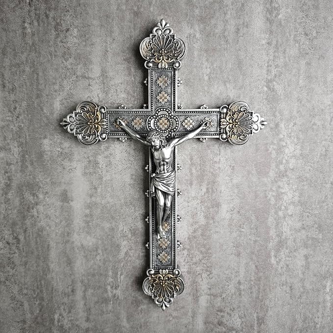 BC Catholic Crucifix Wall Cross, 12"H Jesus Christ Home Decor, Religious Gift, Vintage Silver Color Finish, Renaissance Sculpture Hand-painted by Buildclassic