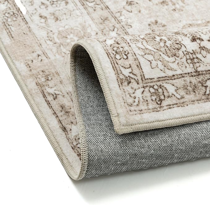 Taupe Area Rug 3x4 Washable Vintage Carpet for Office Kitchen Non Slip Retro Distressed Door Mat Low Pile Soft Oriental Medallion Thin Small Throw Rug Entryway Bedroom Bathroom Dining Room