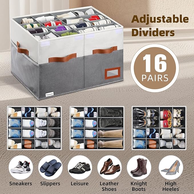 Shoe Organizer for Closet, Foldable Shoe Storage Bins with Lid & Adjustable Dividers, Fabric Shoe Box Storage Containers with Four Reinforced Handles, Fits 16 Pairs, 1 Pack, Grey