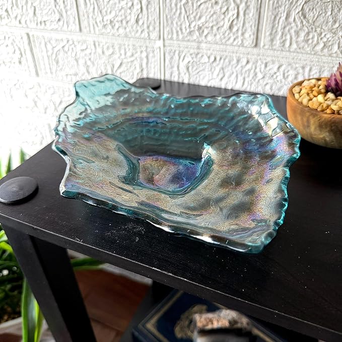 Things2Die4 Oyster Shaped Decorative Plate, 10 X 7.5 Inch Iridescent Sea Blue Glass Accent Dish for Coastal Table Decor, Freeform Wavy Shell Design for Entryway or Living Room